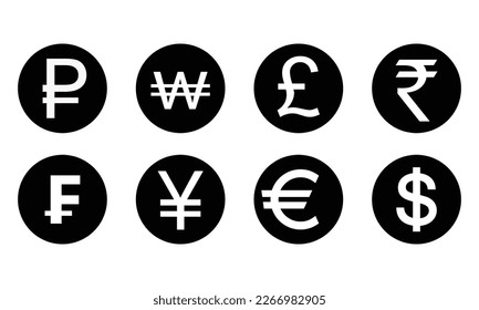 Currency symbol icons set. Money kind icon Collection of currency icons. Dollar, Euro, British Pound, Indian Rupees, Won, Chinese Yuan, Frenc and Ruble symbol sign. different currencies vector icon.