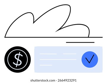 Símbolo de moneda dentro del círculo negro, marca de verificación dentro del círculo azul, nube abstracta y línea. Ideal para finanzas, banca, transacciones, pagos seguros, App móviles, servicios en línea y computación en nube