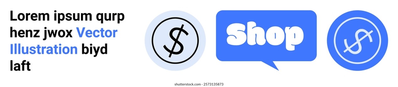 Currency symbol inside circle, blue speech bubble with Shop text, and dollar symbol inside circle. Ideal for e-commerce, shopping ads, online business marketing, retail, and digital sales. Banner for