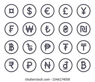 Currency symbol monochrome icons collection set isolated on white background. Vector illustration 