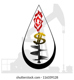 Currency symbol on an abstract background from which the drill is a fire. Illustration on the production and sale of natural resources. Illustration on white background.