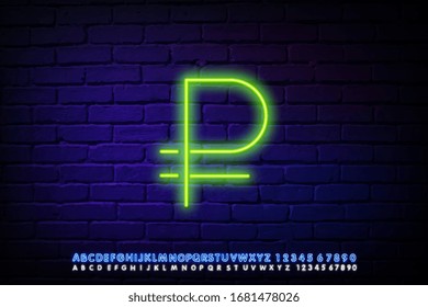The currency symbol for the Russian ruble with the effect of neon light. Neon icon. Vector image. The design element of the interface.