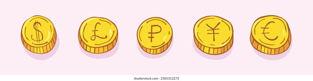 Currency symbol set vector icon. Gold doodle coins are hand drawn. Concept of economics, financial management. EPS10