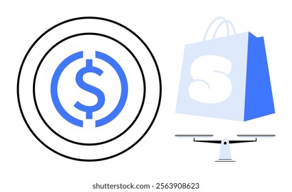 Currency symbol within concentric rings next to a shopping bag with a large S on a scale. Ideal for finance, e-commerce, balance, trade, shopping. Vector image in blue and black colours. Simple style