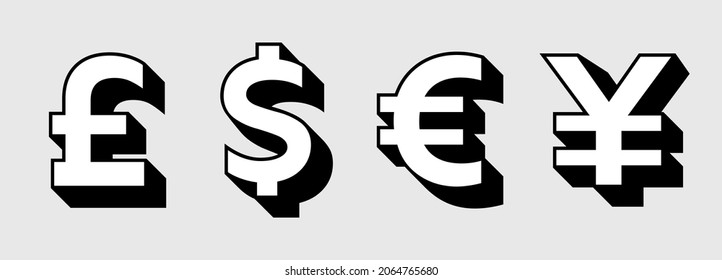 Currency Symbols with 3D Drop Shadow. GBP, USD, EURO and JPY. Vector Currency Symbol Illustrations for Pound, Dollar, Euro and Yen.