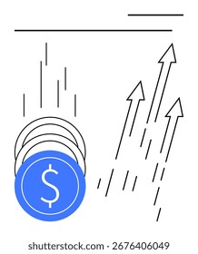 Símbolos de moneda en un círculo azul con múltiples flechas apuntando hacia arriba, que representan el crecimiento y el éxito financiero. Ideal para el crecimiento empresarial, el éxito financiero, la inversión, las tendencias económicas