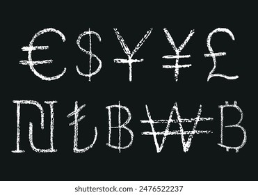 Currency symbols with chalk stroke texture isolated on white background. Dollar, pound sterling, yen, yuan, shekel, turkish lira, baht, won and euro dollar currency icon. Vector set. Not AI created.