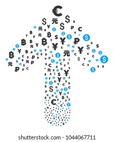 Currency Symbols composition composed in the combination of upwards move arrow. Upwards move arrow shape made from currency symbols pictograms.