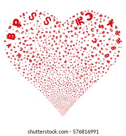 Currency Symbols fireworks with heart shape. Vector illustration style is flat red iconic symbols on a white background. Object valentine heart made from scattered symbols.