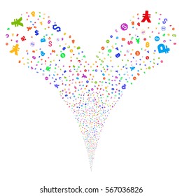 Currency Symbols fireworks stream. Vector illustration style is flat bright multicolored iconic symbols on a white background. Object double fountain constructed from random pictograms.