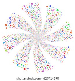 Currency Symbols fireworks swirl rotation. Vector illustration style is flat bright multicolored iconic symbols on a white background. Object whirl constructed from random pictograms.