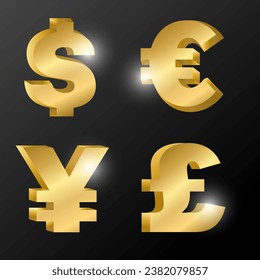 Currency symbols with gold 3d concept. dollar, euro, yuan, pound. vector
