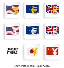 Currency Symbols Icon Set: Dollar, Euro, Pound, Yuan, Yen With Flags. Vector Illustration.