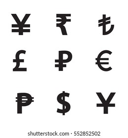 Currency symbols icon set isolated on white background. Vector art.