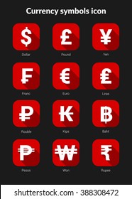 Currency symbols icons set for icon application mobile or button main screen phone. Colorful vector flat style design template with drop shadow on dark grey background.