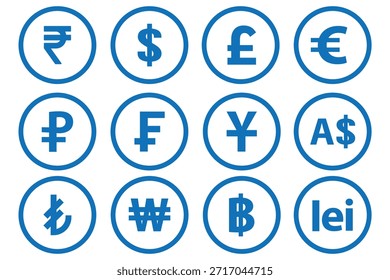 Conjunto de iconos de símbolos de moneda. Ilustración vectorial de monedas con símbolos internacionales. Dólar, euro, libra, rupia, franco, rublo, yen, won, lira, etc. símbolo de moneda mundial.