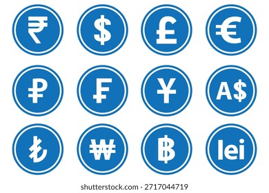 Conjunto de iconos de símbolos de moneda. Ilustración vectorial de monedas con símbolos internacionales. Dólar, euro, libra, rupia, franco, rublo, yen, won, lira, etc. símbolo de moneda mundial.