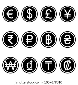 Currency symbols icons simple black-colored set. A set of currency symbols used in different countries, minimalist black.