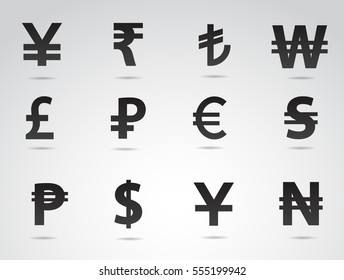 Currency symbols on white background. Vector art.