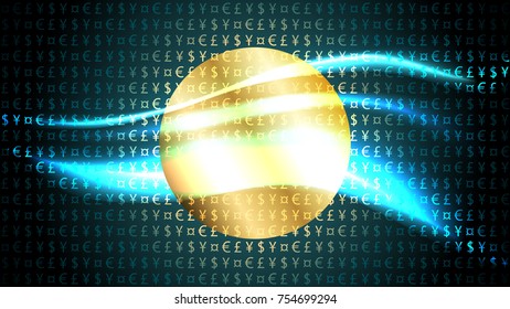 Currency symbols pattern on dark background, golden shining circle coin, vector texture, well organized layers
