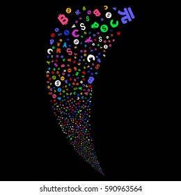 Currency Symbols random fireworks stream. Vector illustration style is flat bright multicolored iconic symbols on a black background. Object fountain constructed from scattered pictographs.