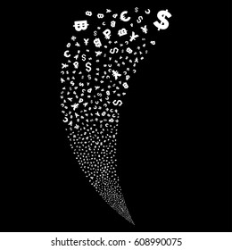 Currency Symbols random fireworks stream. Vector illustration style is flat white iconic symbols on a black background. Object fountain created from scattered design elements.