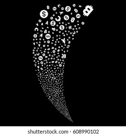 Currency Symbols random fireworks stream. Vector illustration style is flat white iconic symbols on a black background. Object fountain made from scattered pictograms.