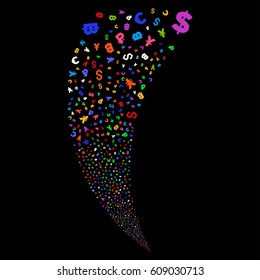 Currency Symbols random fireworks stream. Vector illustration style is flat bright multicolored iconic symbols on a black background. Object fountain made from scattered pictographs.