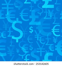 Currency symbols seamless pattern - blue color. Dollar, euro, yen and pound icons.