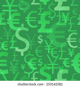 Currency symbols seamless pattern - green color. Dollar, euro, yen and pound icons.