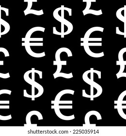 Currency symbols seamless pattern on black background. Vector illustration.
