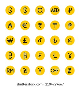 Currency symbols set. 25 main world currencies. Color editable stroke icons