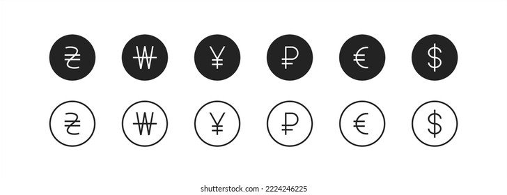 Currency symbols set icon. Dollar sign, euro, russian ruble, rub, money, banking, income, spending, cash, cashless payments. Financial management concept. Vector line icon for Business