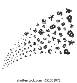 Currency Symbols source stream. Vector illustration style is flat gray iconic symbols on a white background. Object explosion fountain created from random pictograms.