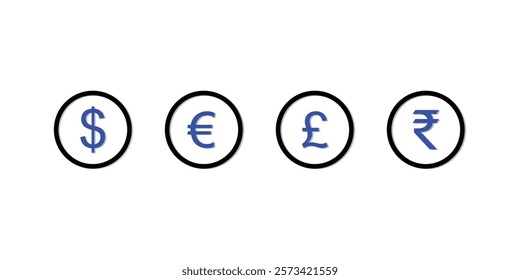 Currency symbols the US dollar ($), Euro (€), British Pound (£), and Indian Rupee (₹) within circular frames.