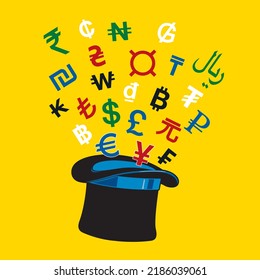 Currency symbols used as shorthand for a currency's name, especially in reference to amounts of money. The location of the symbol varies by language. Rabbit out of hat idiom symbolises markets.