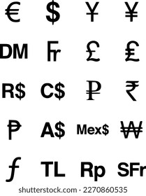 símbolos de moneda en varios países.