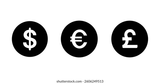 Currency Symbols Vector Icons: Dollar, Euro, Pound in Black Circles


