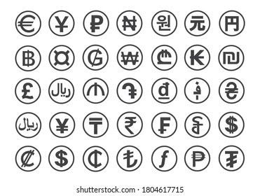 Currency symbols of the world on circle flat icons, isolated on white. Symbol of monetary unit. Financial, business and investment concept. Vector illustration