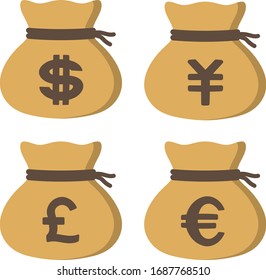 
Currency symbols written on drawstring bags.