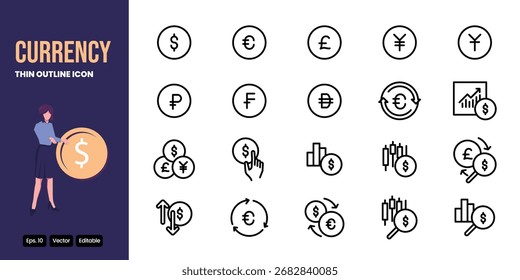Diseño de Vector de conjunto de iconos de contorno delgado de moneda bueno para el Web y el App móvil