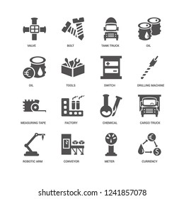 Currency, Tools, Valve, Bolt, Cargo Truck, Chemical, Factory, Meter Icon 16 Set EPS 10 Vector Format. Icons Optimized For Both Large And Small Resolutions.