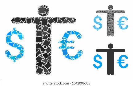 Currency trader composition of humpy parts in different sizes and color tones, based on currency trader icon. Vector trembly parts are combined into collage.