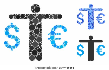 Currency trader composition of spheric dots in various sizes and color tones, based on currency trader icon. Vector dots are organized into blue composition.