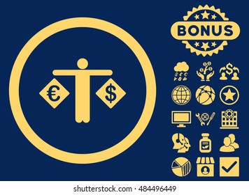 Currency Trader icon with bonus elements. Vector illustration style is flat iconic symbols, yellow color, blue background.