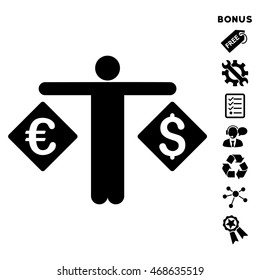Currency Trader icon with bonus pictograms. Vector illustration style is flat iconic symbols, black color, white background, rounded angles.