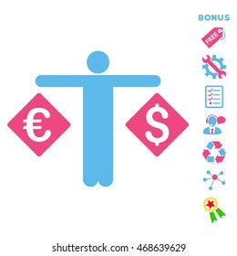 Currency Trader icon with bonus pictograms. Vector illustration style is flat iconic bicolor symbols, pink and blue colors, white background, rounded angles.