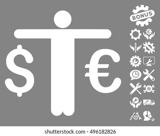 Currency Trader icon with bonus tools graphic icons. Vector illustration style is flat iconic symbols, white color, gray background.