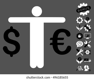 Currency Trader icon with bonus tools pictures. Vector illustration style is flat iconic bicolor symbols, black and white colors, gray background.