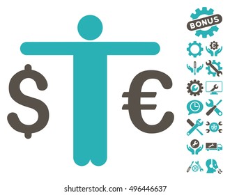 Currency Trader icon with bonus tools design elements. Vector illustration style is flat iconic bicolor symbols, grey and cyan colors, white background.